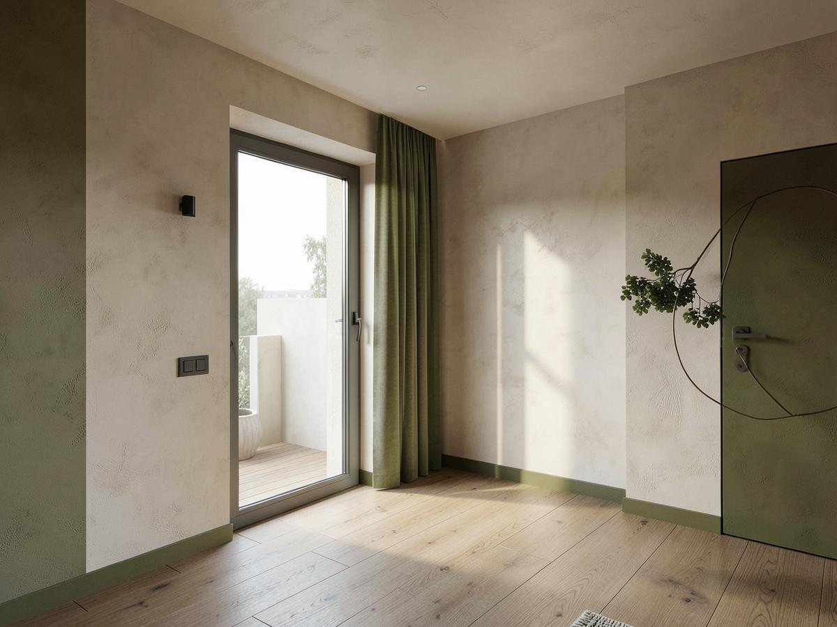Render arquitetônico de ambiente interno com acabamento em tons neutros